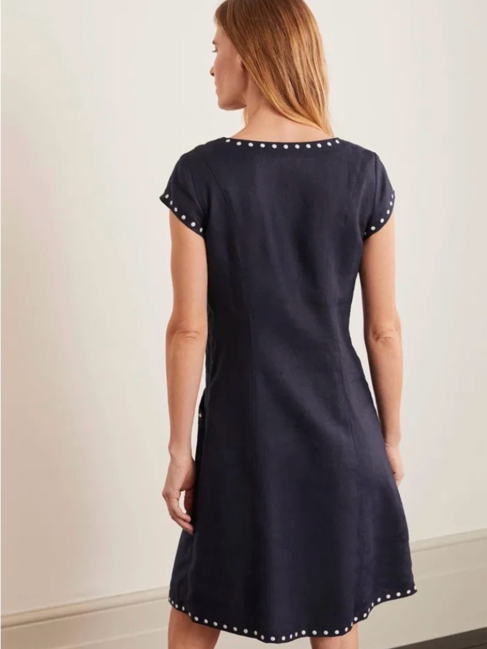 Boden Leandra Dress Navy Stud-Trim V-Neck Linen Dress - Picture 2 of 4
